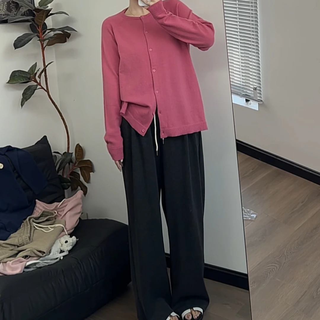 【瘦瘦】秋季韩版糯糯显瘦休闲裤百搭高腰阔腿拖地长裤樱花粉S0853