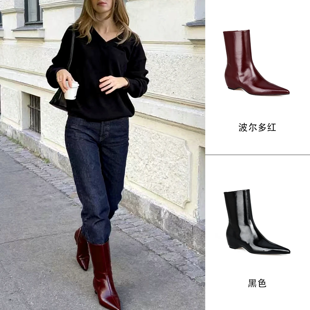 MANIKA GUAN25冬季新款法式尖头气质短靴真皮高跟时装靴MK2077174