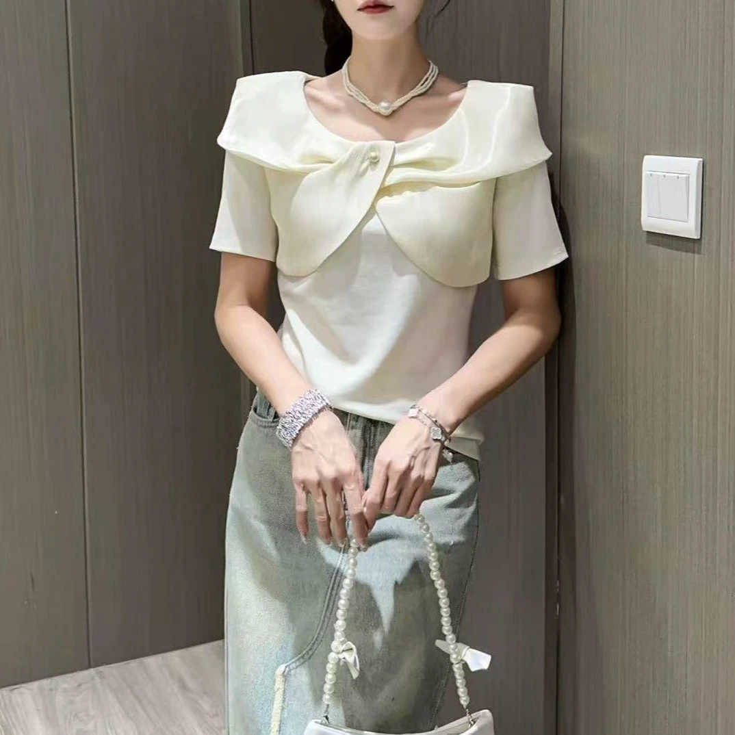 [DARUI]法式交叉领洋气t恤显瘦短袖女设计感假两件时尚上衣7082