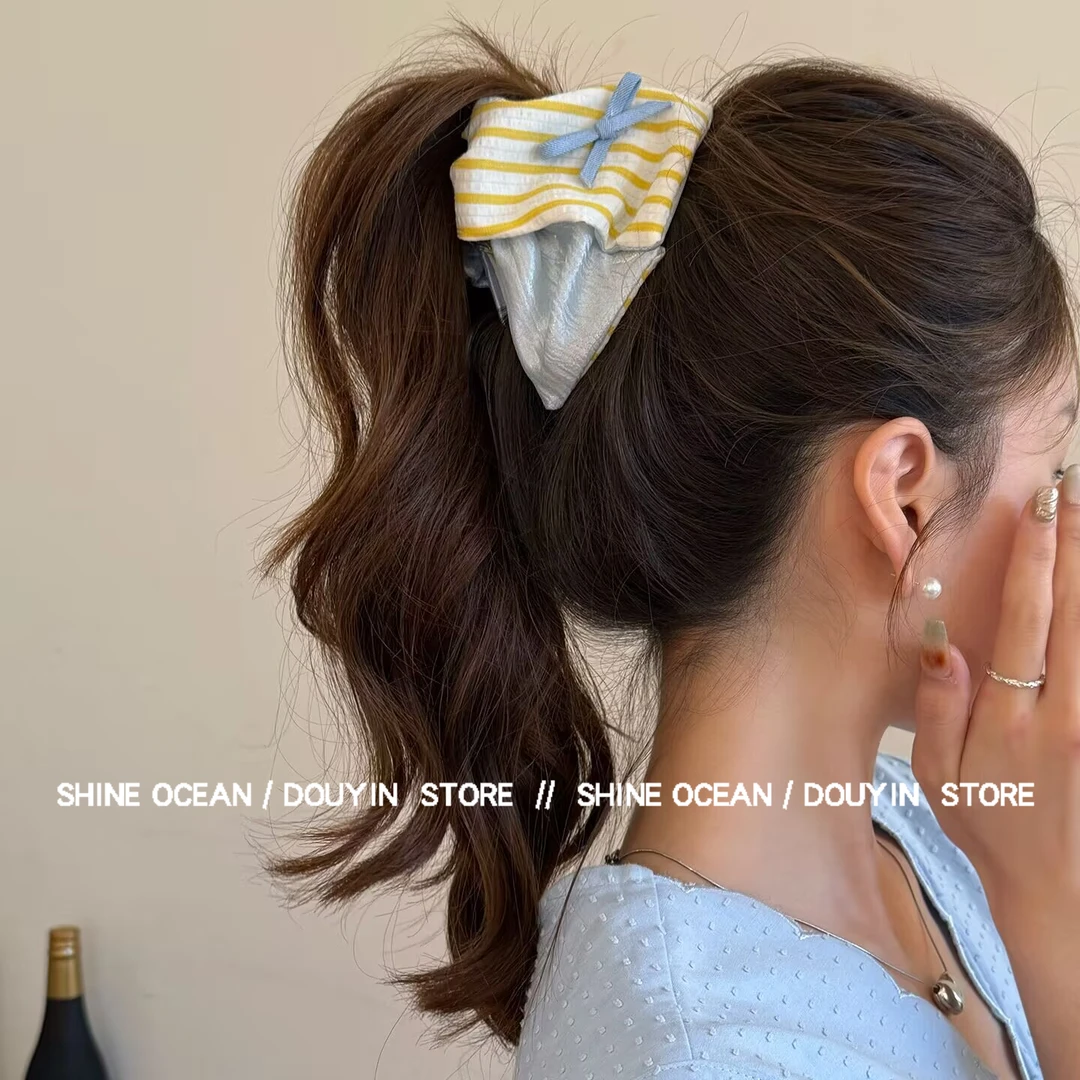 双海「ins博主系列-撞色条纹」韩国夏日时髦气质时尚搭网红盘发抓夹