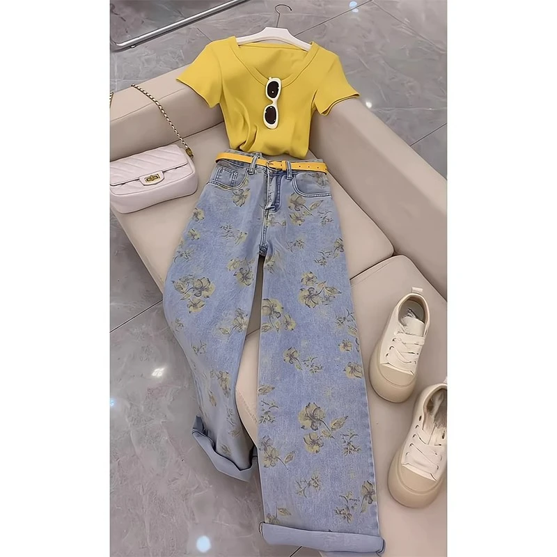 韩系氛围感穿搭女2025夏季新款遮肚显瘦短袖上衣阔腿牛仔裤两件套