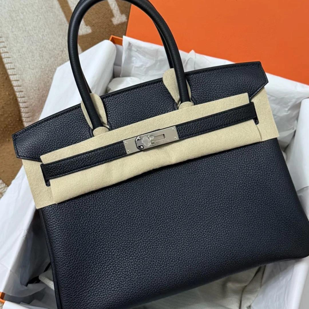 99新 Hermes/爱马仕 蔚蓝/黑银birkin30 togo y刻  无锁钥匙