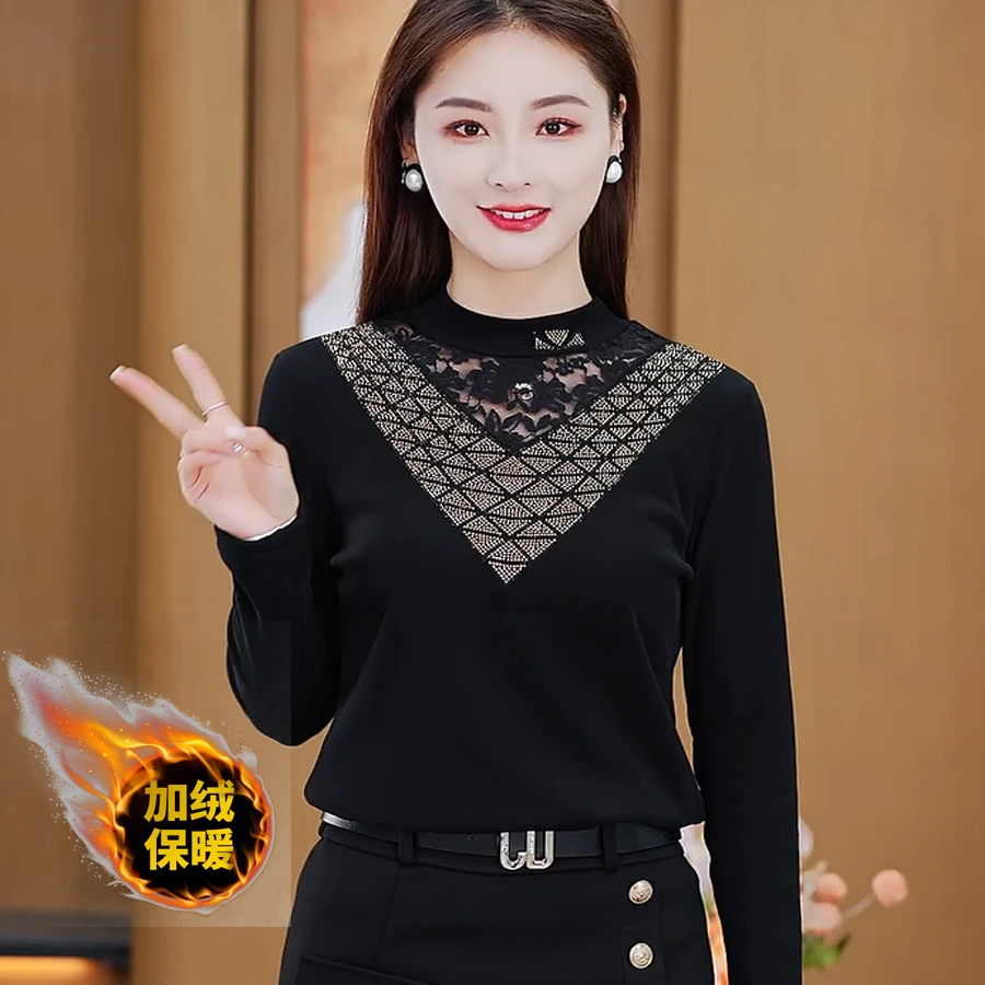 打底衫女秋冬季百搭新款2024女装半高领蕾丝加绒洋气时尚长袖上衣