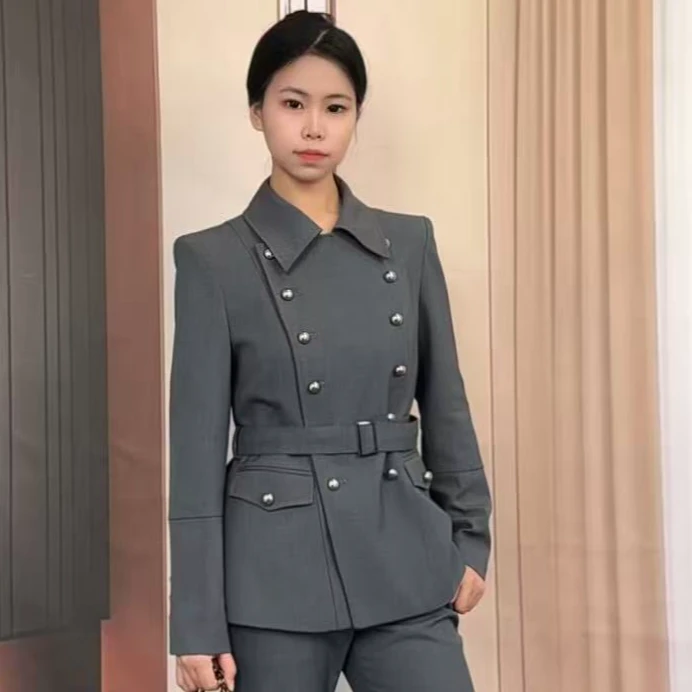 2025秋季新款时尚名媛灰色优雅气质双排扣修身显瘦西装外套女
