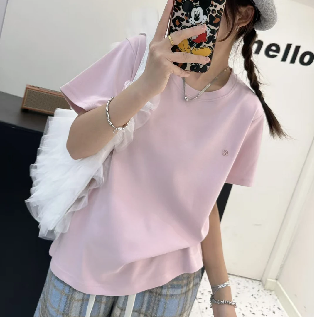 （无飘带）夏季新款简约百搭时尚韩系甜美圆领短袖τ恤H3939