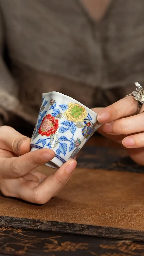 见珊灵玺贡坊青花珐琅蝶恋花四方杯