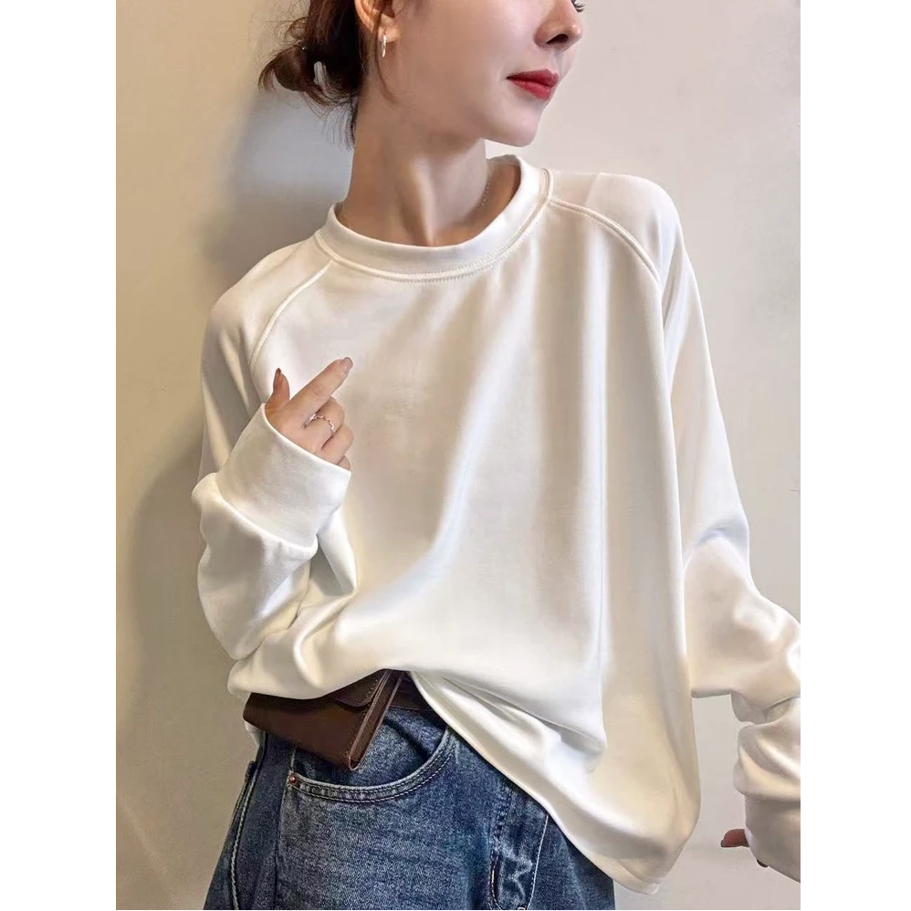白色上衣女纯棉秋冬加厚加绒气质女士打底衫韩版慵懒松弛长袖t恤