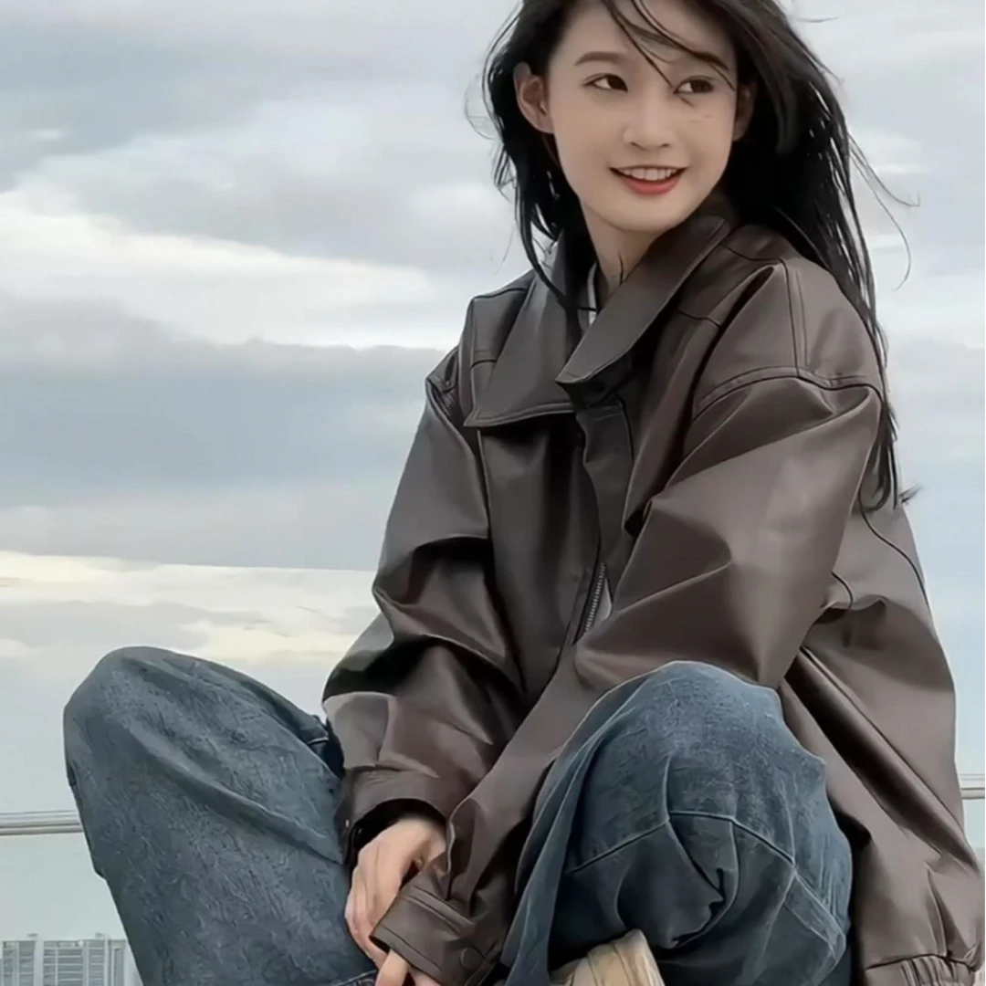 咖色pu皮衣外套女春秋新款网红气质炸街小个子潮流百搭机车皮夹克