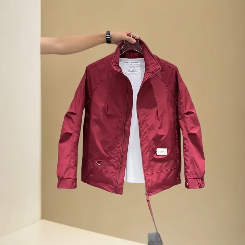 NYING短款男士秋季立领夹克2025新款修身潇酒精英酒红色外套休闲