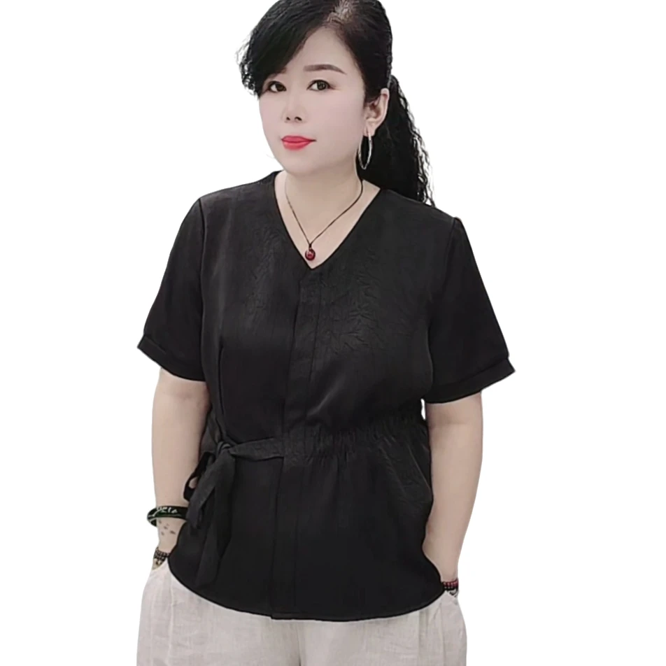 非凡秀修身显瘦显气质百搭款V领醋酸女士短袖