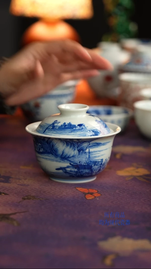 天心雅器捕鱼图盖碗
