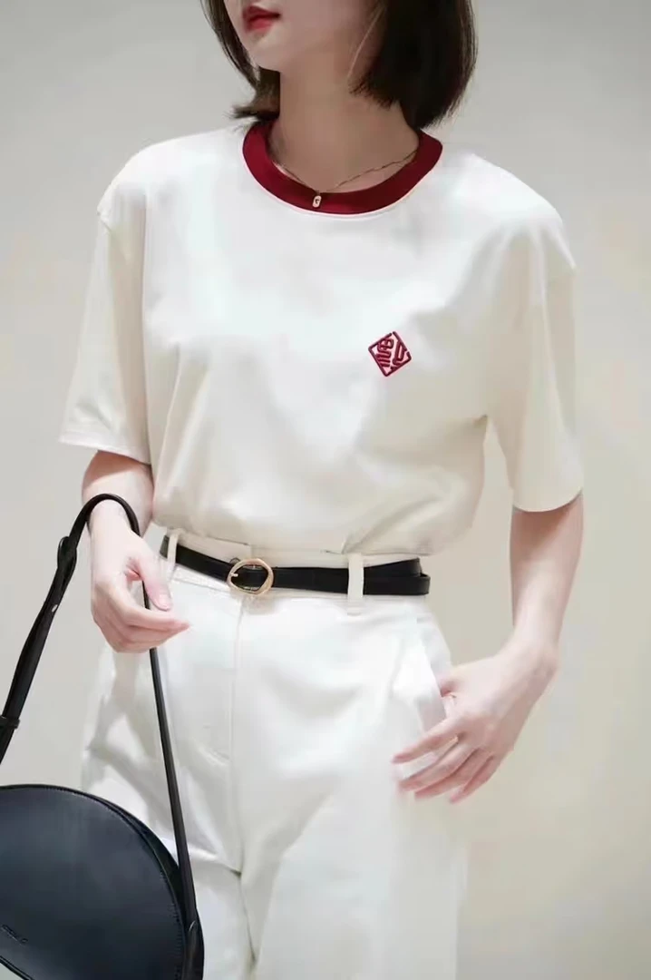 女士  福字  倒福  禾款红色撞色圆领休闲T恤