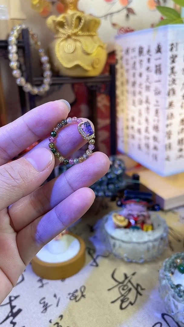 银S925镶嵌戒指碧玺碧玺紫水晶貔貅戒指