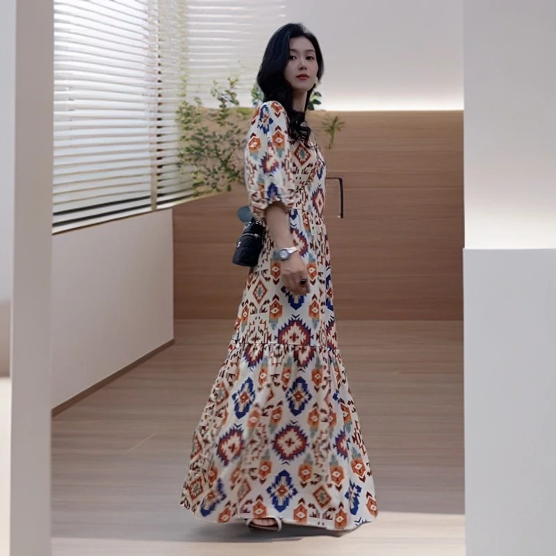 连衣裙中长款V领气质汉服大摆裙碎花裙子圆领夏季