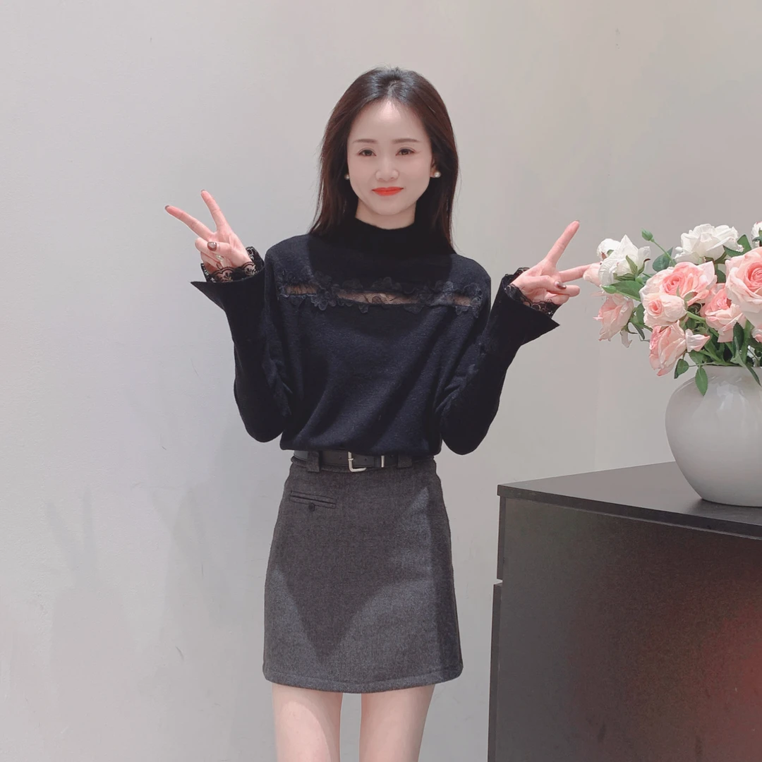 秋冬季【镂空蕾丝】拼接韩系温柔百搭性感针织打底衫内搭洋气可外穿