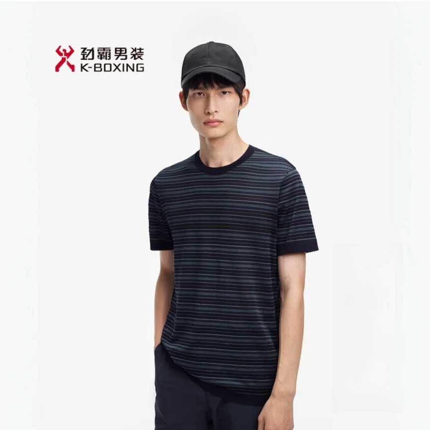 【含桑蚕丝】劲霸男装凉感透气修身条纹休闲短袖T恤上衣男BTLE2967