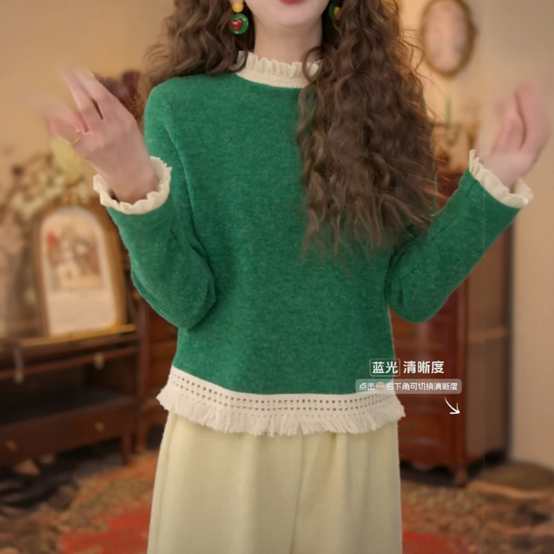 厚款磨毛拼接半高领打底衫内搭复古衬衫秋冬百搭女上衣