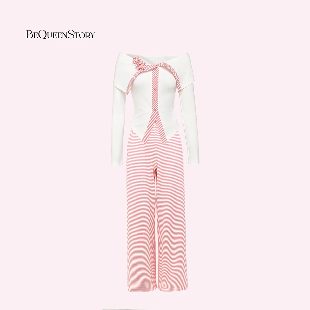 余潇潇【白巧甜心】时尚甜美一字肩上衣&休闲裤套装2025年早秋