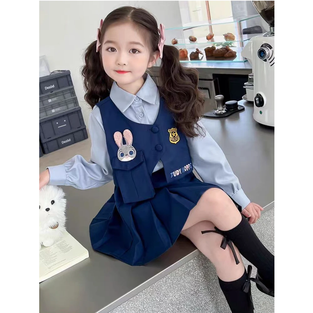 女童秋装学院风套装65098新款儿童宝宝衬衫裙马甲兔子警服三件套