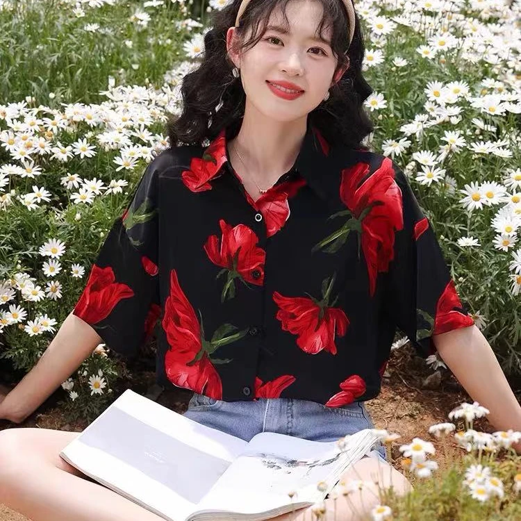 2025【复古港风】夏季新款扎染印花短袖碎花衬衫气质减龄休闲时尚