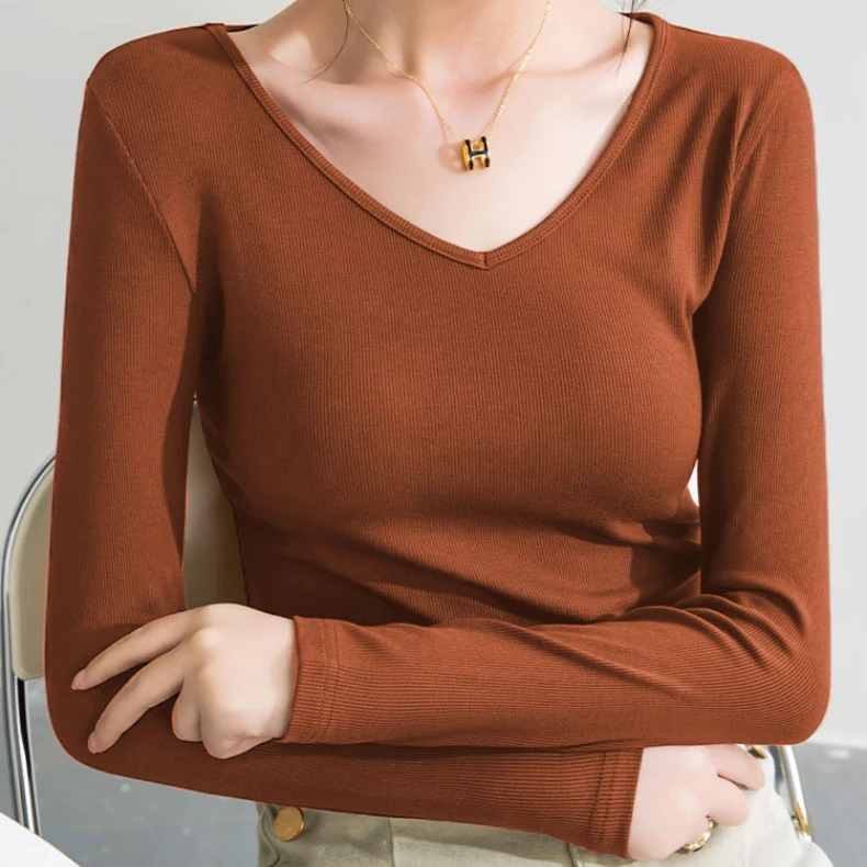 秋季新款女士全棉T恤打底衫BB0393针织螺纹长袖V领舒适透气休闲