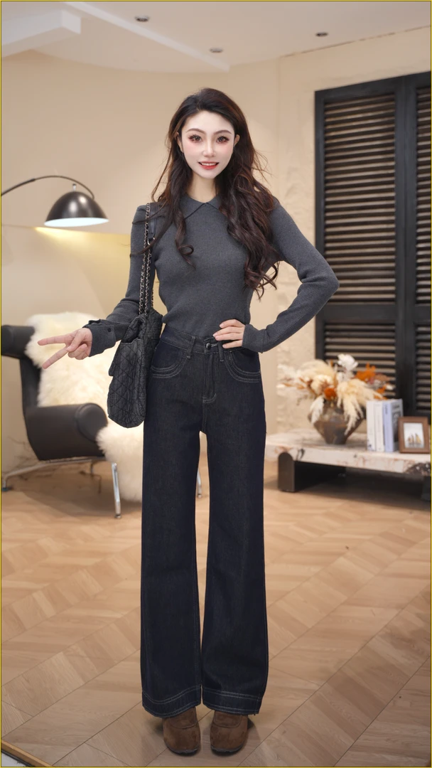 59022【裤长97】加绒厚款软牛仔裤女宽松裤子高腰显瘦阔腿裤直筒裤