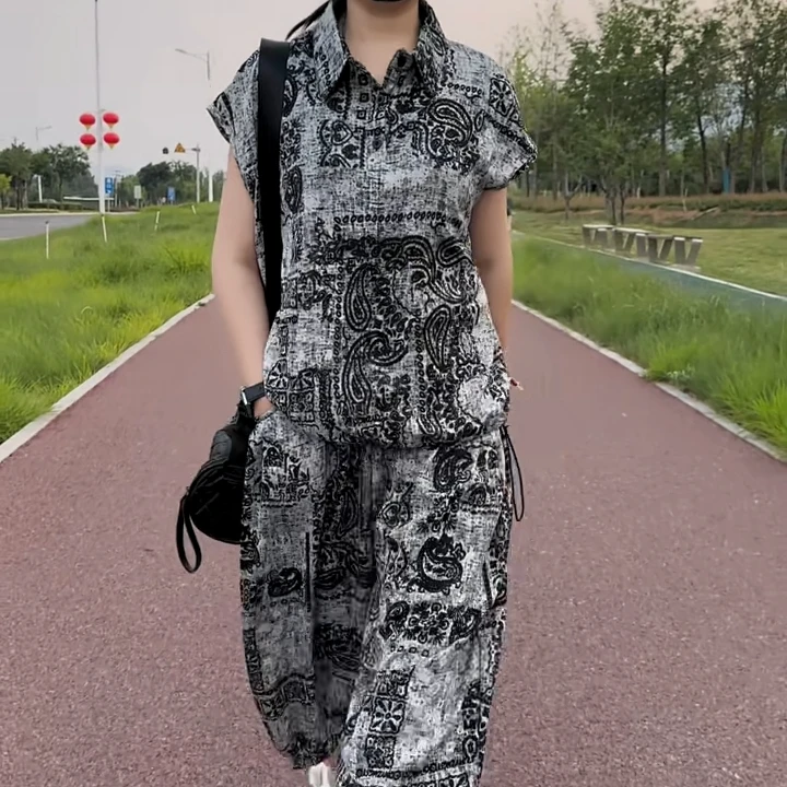 2025新款潮流运动风女装两件套加大码宽松舒适休闲polo领短袖套装