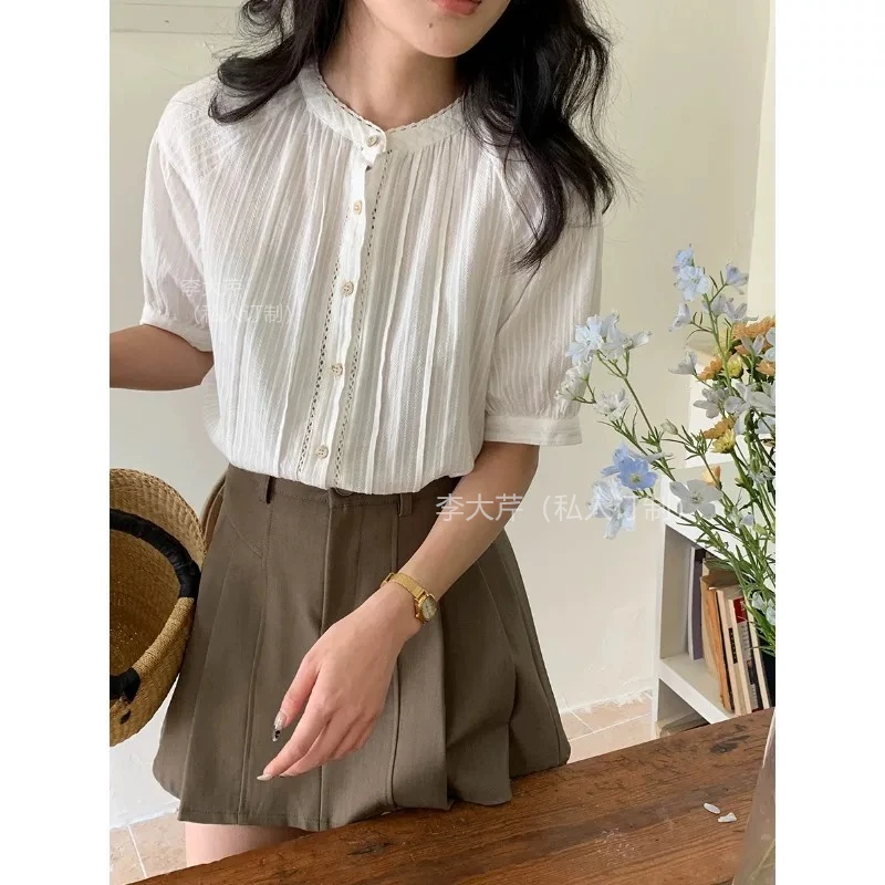 风琴褶蕾丝花边镂空衬衫  小众圆领设计感短袖上衣