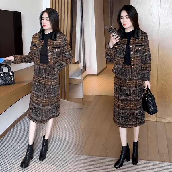 复古格纹小香风时尚套装女2025冬季新款洋气穿搭气质减龄两件套潮