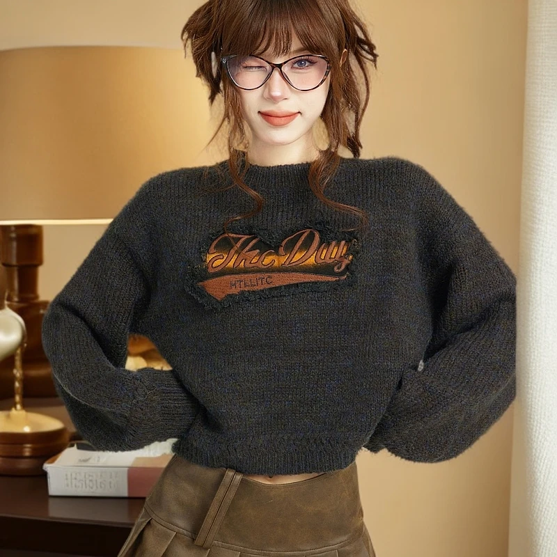 美式复古短款针织毛衣女秋冬秋季冬季设计感小众正肩宽松加厚外穿