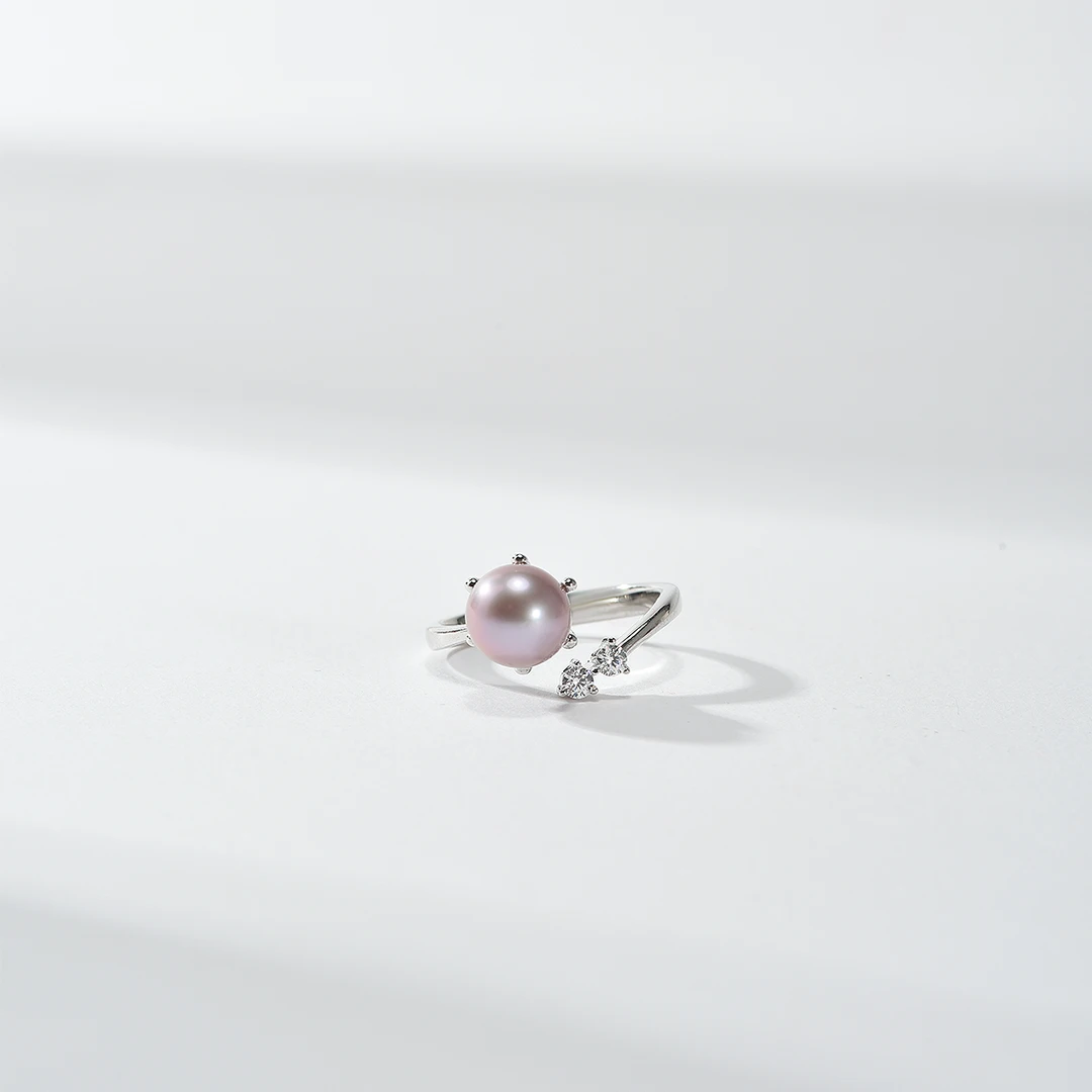 【官方】京润珍珠 紫欣淡水珍珠戒指8-9mm圆形S925银气质时尚紫色