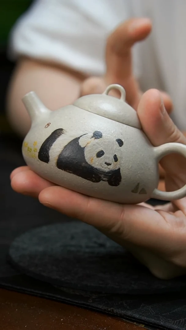 茶壶紫砂白泥熊猫壶