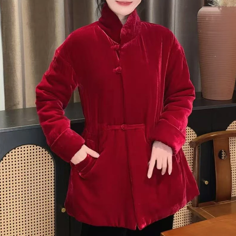 QNH-真丝丝绒立领盘扣抽绳收腰国风棉服.