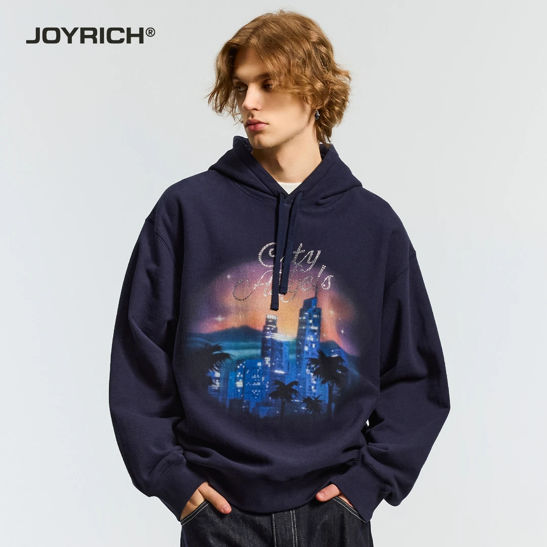 JOYRICH美式复古街头城市夜景印花烫钻连帽卫衣25秋新品男女同款