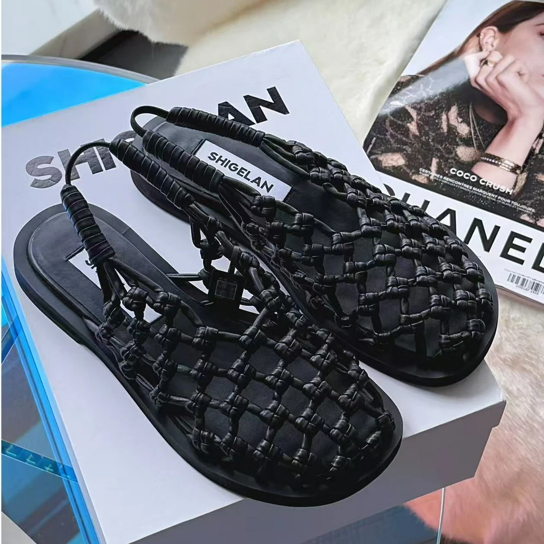 诗歌兰包头拖女2025夏新款平底编织镂空网面透气后绊带沙滩凉拖鞋