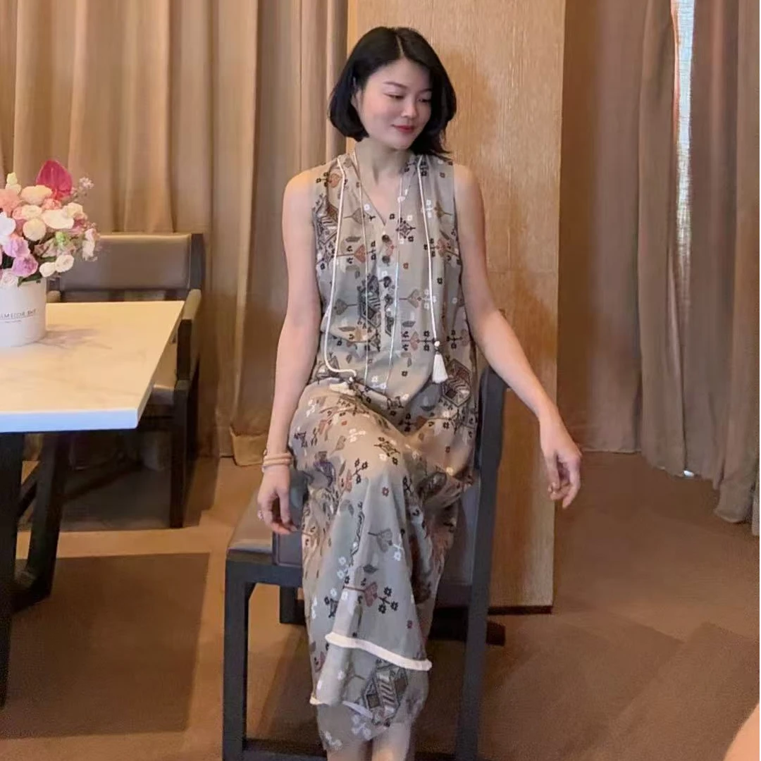 TANTAN  HR 莱赛尔亚麻 气质印花无袖连衣裙2186