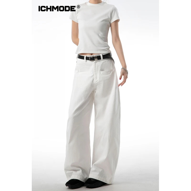 ICHMODE美式白色休闲裤女阔腿直筒裤显瘦高腰百搭夏季复古宽松