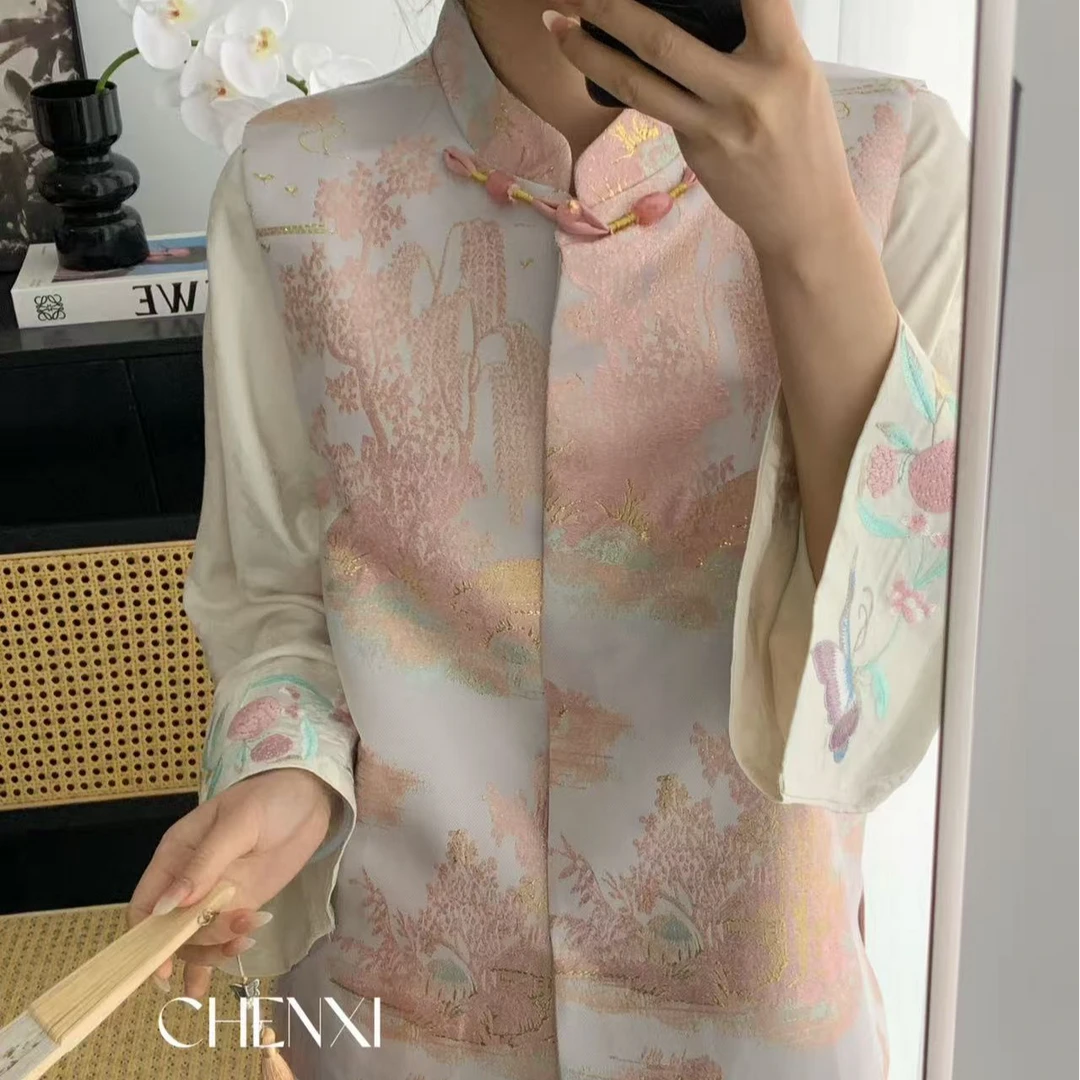 烟柳｜国风新中式缎面提花马甲-6144