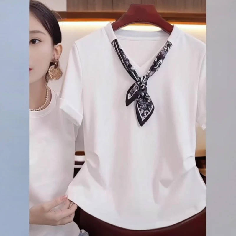 大码胖mm洋气减龄V领丝巾短袖T恤女士夏季时尚百搭遮肚子显瘦上衣