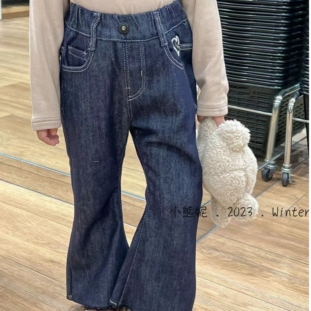 小熊妮女童秋冬加绒牛仔裤微喇休闲裤 25763