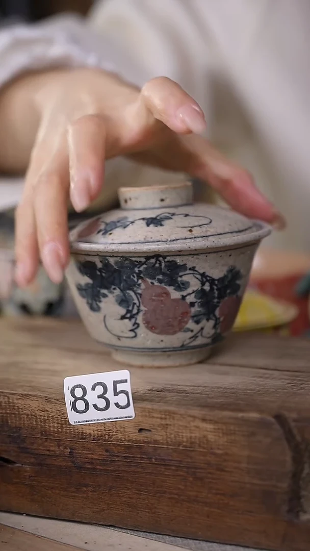 【闪购商品】瓷片粉引粗陶 仿古青花手绘系列 盖碗