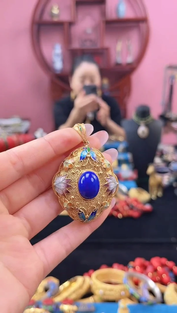 非遗 花丝镶嵌吊坠 蝶恋花 青色