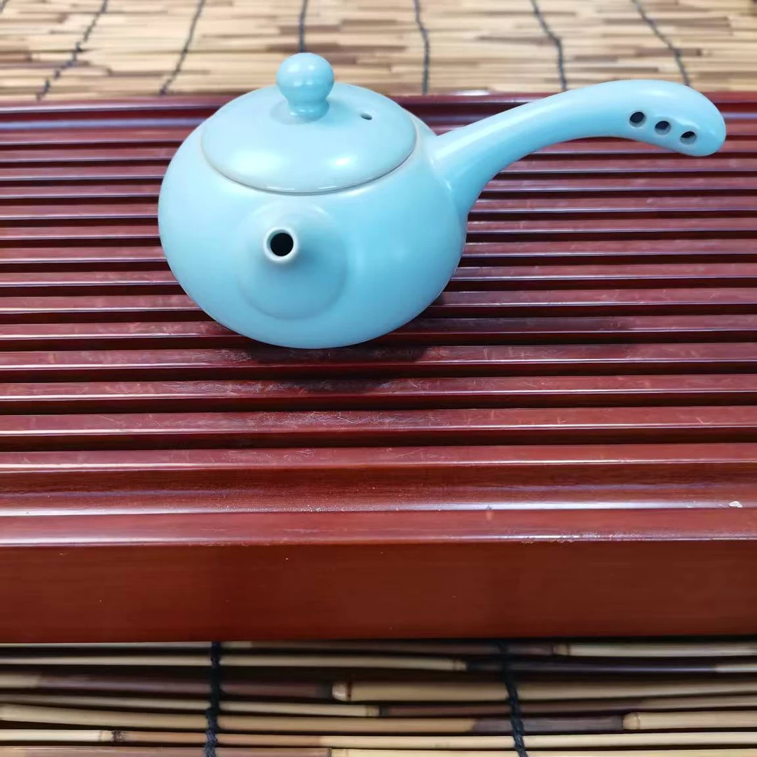 微瑕天青色陶瓷汝窑侧把壶色釉精美青瓷