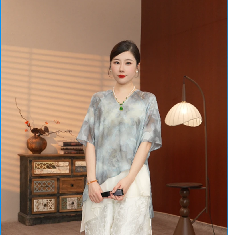 2518【青色烟雨】 新中式国风提花女夏季时尚中袖独特休闲纱上衣