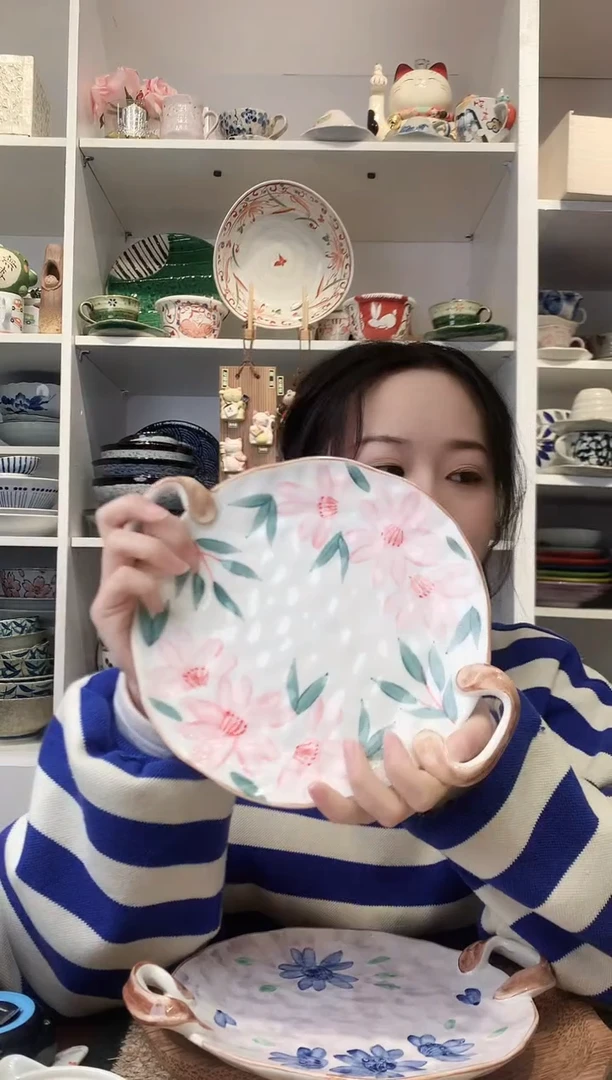 陶瓷【清仓】手绘粉花双耳平盘