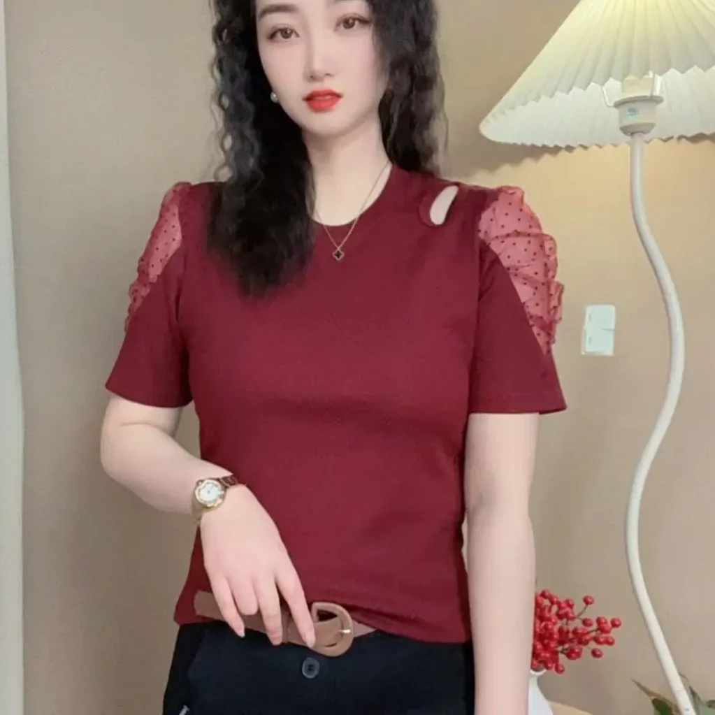 春季新款时尚圆领短袖t恤女宽松拼接网纱中年妈妈洋气上衣优雅女