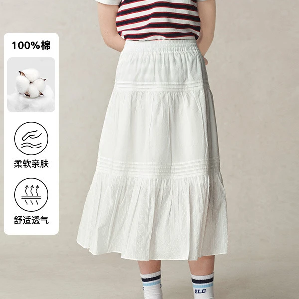 【100%棉】E·LAND KIDS女童蛋糕裙25年夏季学院风半身裙EKWHF2523A