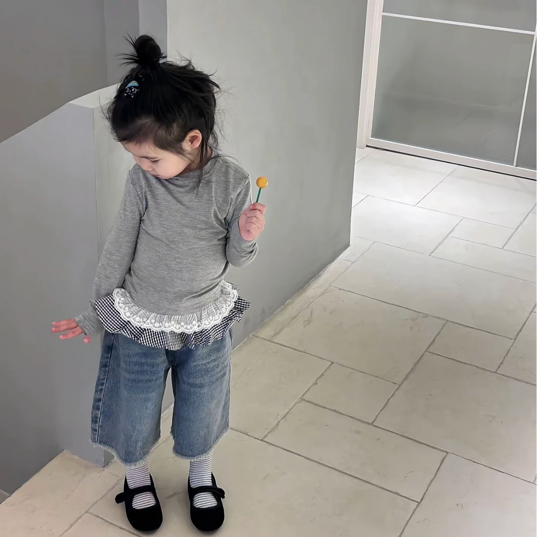 【小言】2025女童春装韩版洋气长袖打底衫蕾丝花边上衣+牛仔裤套装