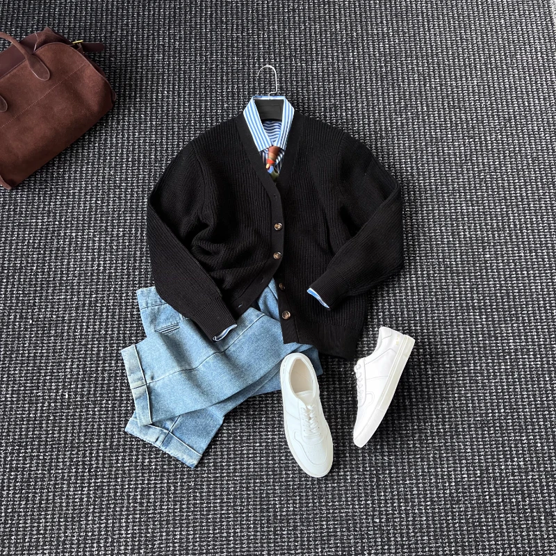 CssuGent 100%绵羊毛 冬季绅士优雅保暖毛衣开衫男休闲老钱风外套