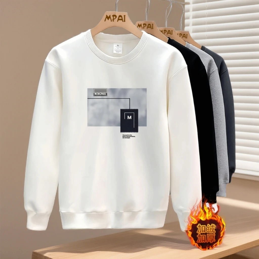 男士上衣宽松保暖卫衣情侣秋冬季校园圆领长袖打底衫印花图案学生